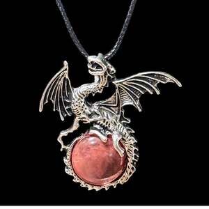 Cherry Quartz Dragon Pendant Black Cord Necklace